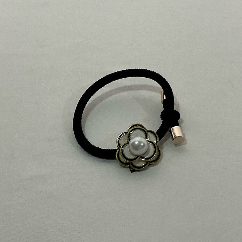 Camellia Flower Black Hair Tie with Gold Flower and Pearl Accent